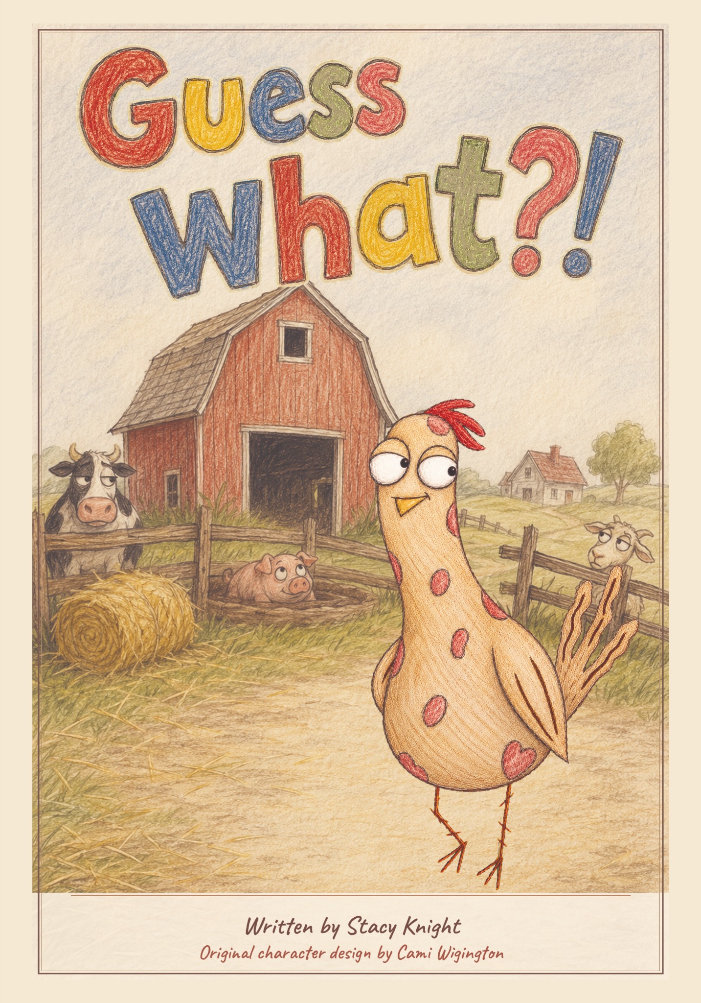 Guess what?! children's book cover featuring Coop the chicken in a barnyard